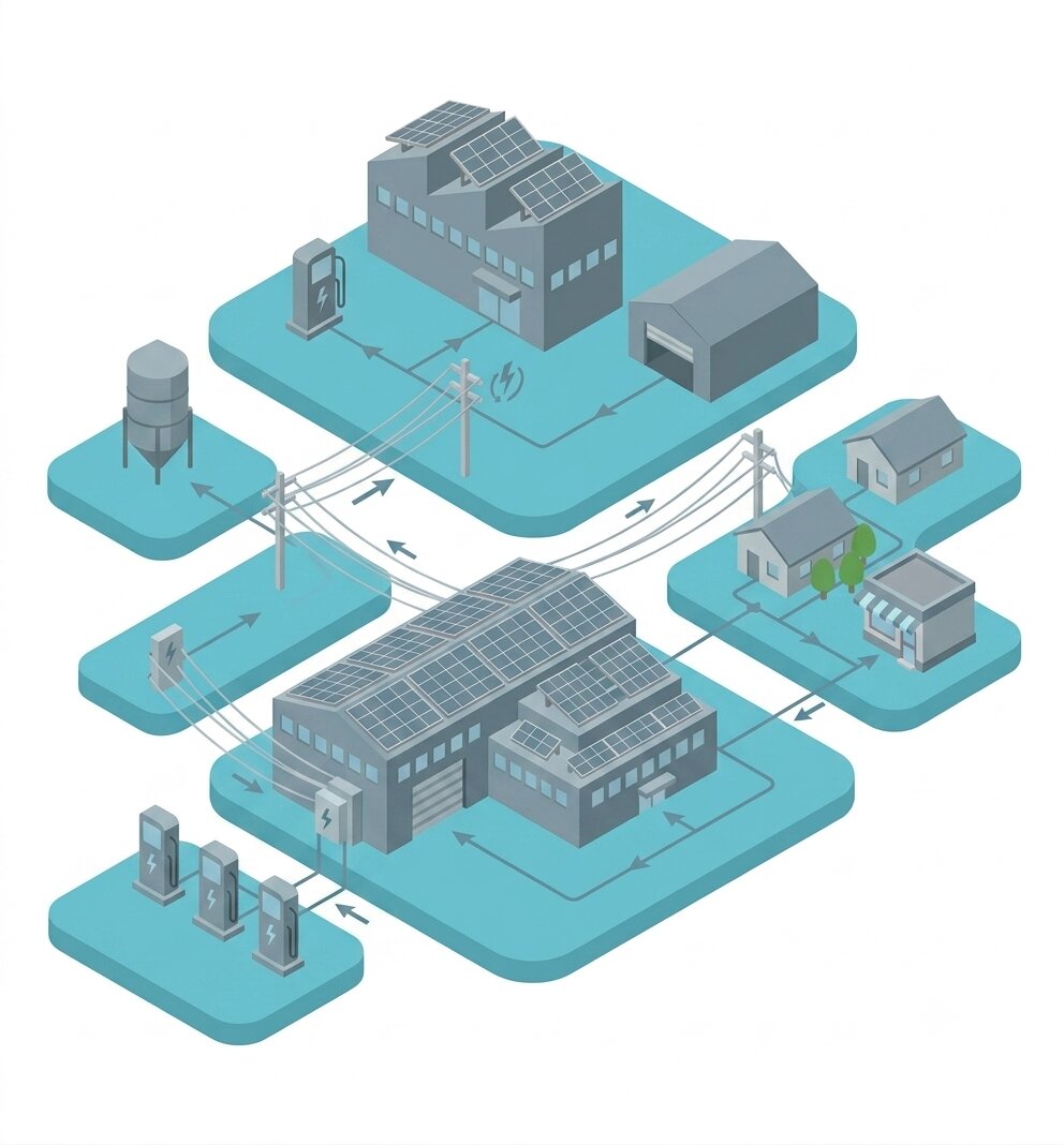 Schematische Darstellung Peer-to-Peer Energiehandel zwischen Industrie, Gewerbe und Haushalten mit Photovoltaik, Ladeinfrastruktur und Netz